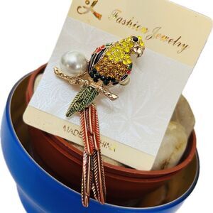 Bright Multicolor Parrot Goldtoned Crystal & Faux Pearl Sparkling Fashion Brooch